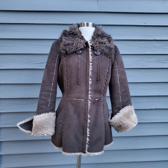 Vintage 90s y2k Esprit Brown Vegan Suede Faux Fur Collar Monster Penny Lane Coat - Picture 8 of 8